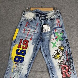 Rue21 Supreme Flex Skinny Jeans Mens 32x32 Light Wash Graffiti Paint Rhinestone